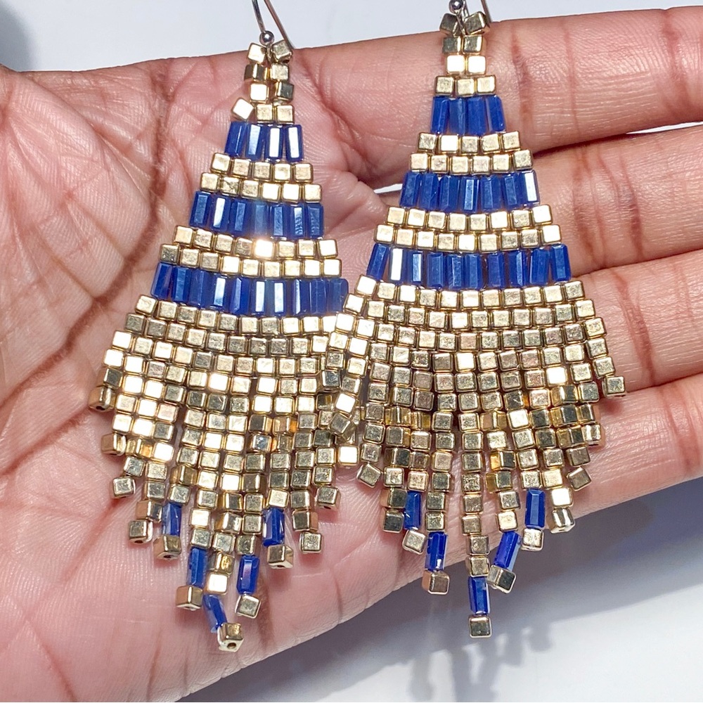 New Iridescent Navy Blue & Metallic Gold Beaded Fringe Earrings, Boho Style - Picture 7 of 14